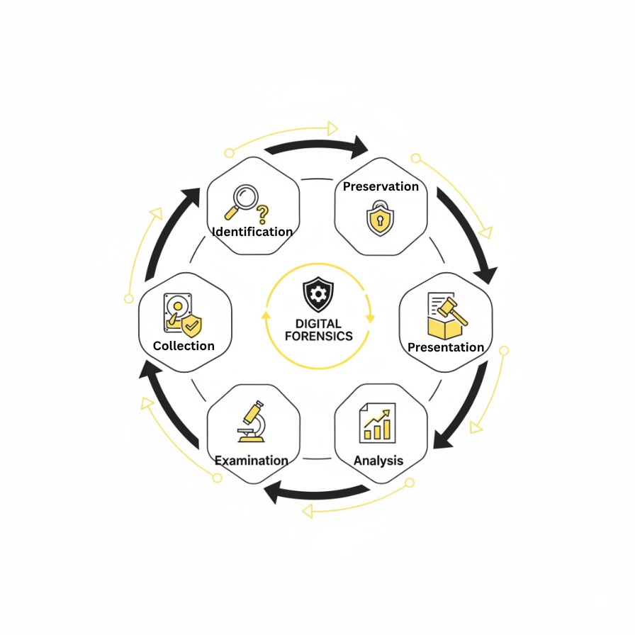 6 hexagon graph showing the flow of the different digital forensic points and how they connect 