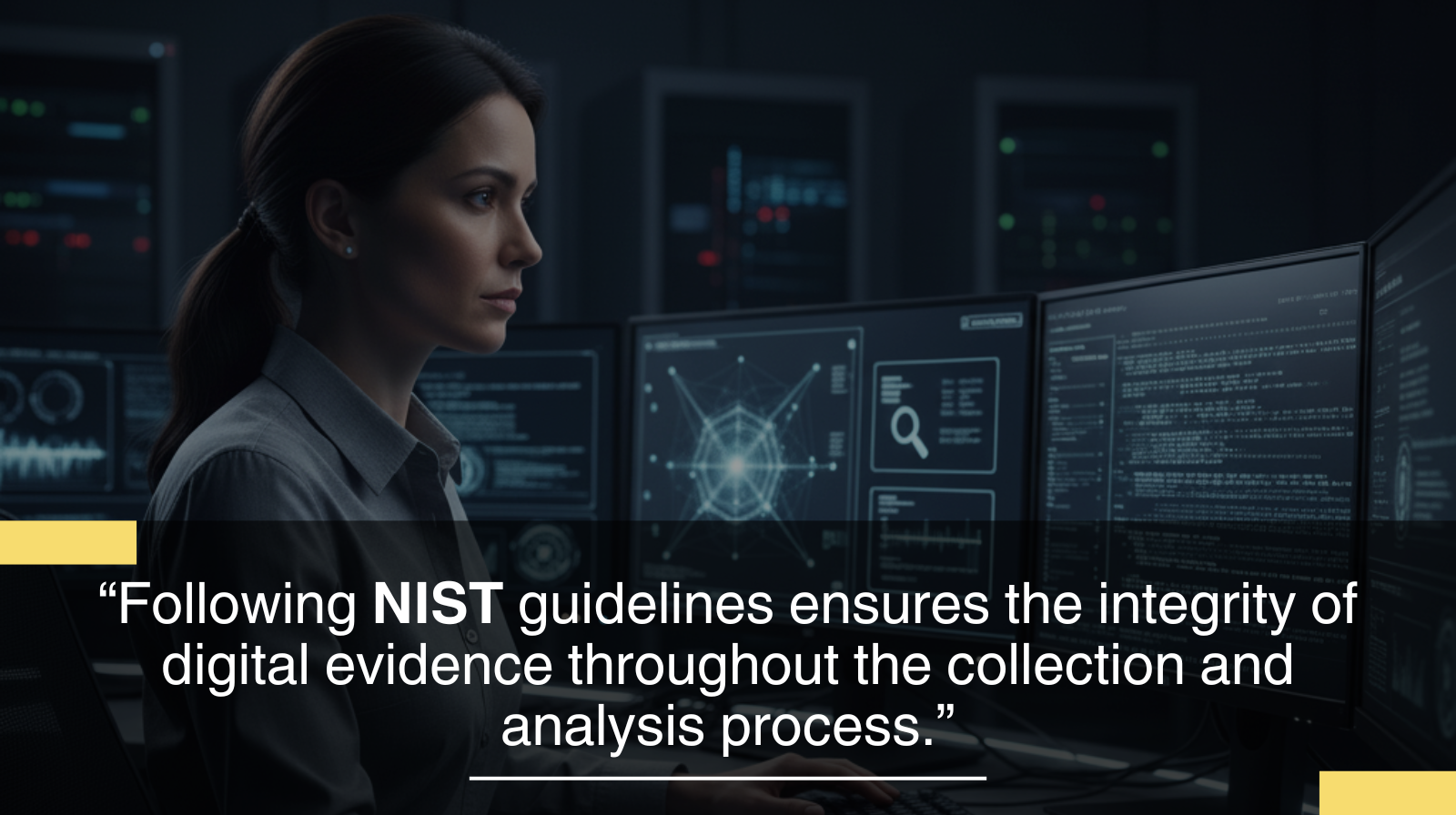 Banner with the text for Following NIST guidelines ensures the integrity of digital evidence throughout the collection analysis process, with an officer on the background with different computer looking on data