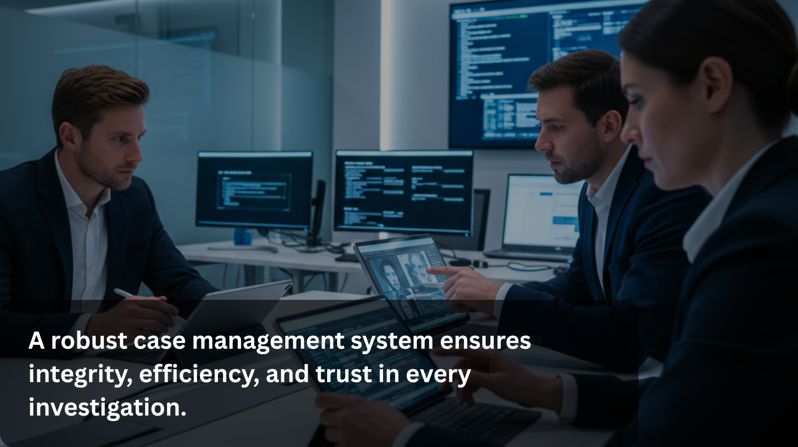 3 investigators with screens and tools reviewing different materials and cases with the phrase on front for a robust case management system than can ensure integrity, efficiency, and trust in every investigation