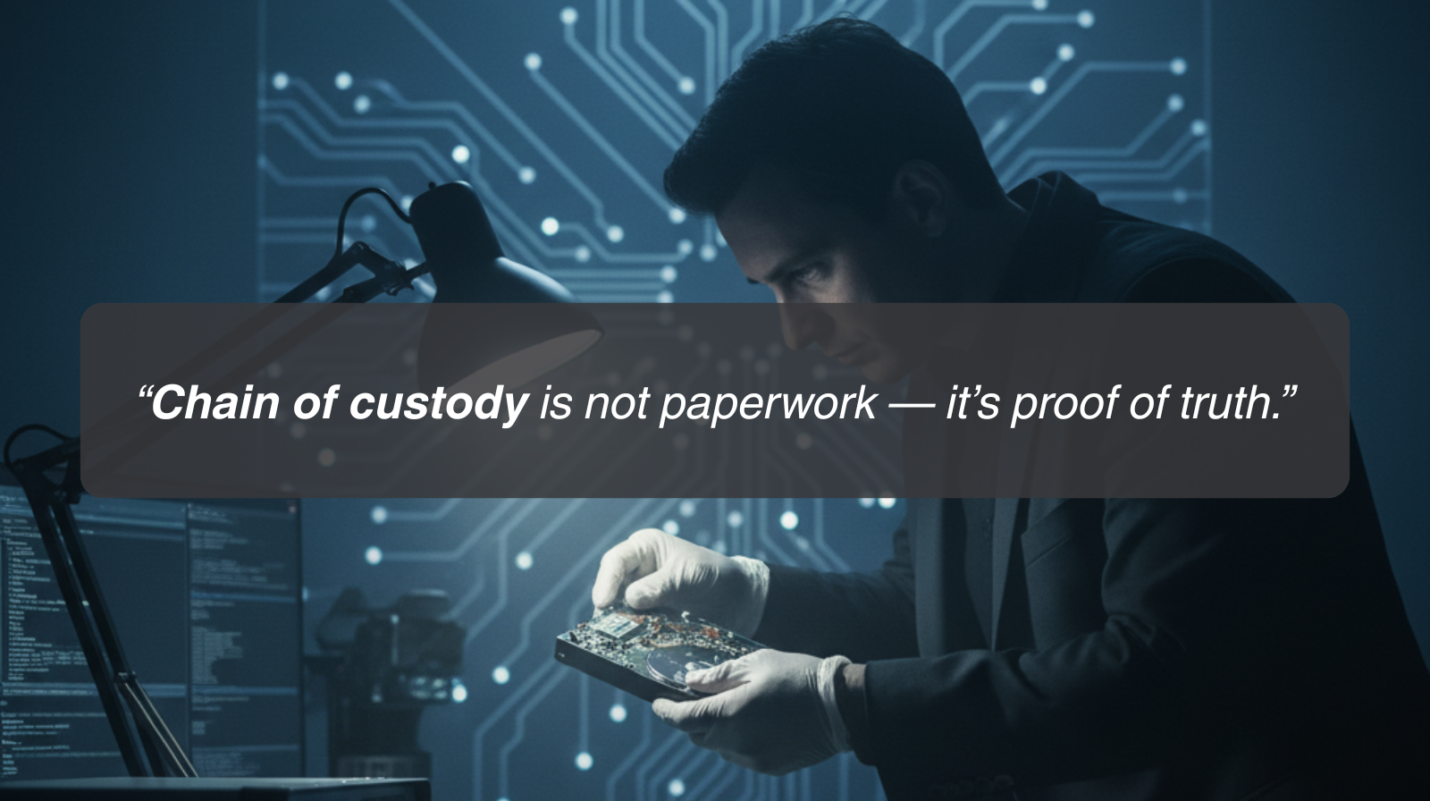 Quote about Chain Custody and how its not paperwork, it's proof of truth, with an investigator looking to a hard drive device on the background