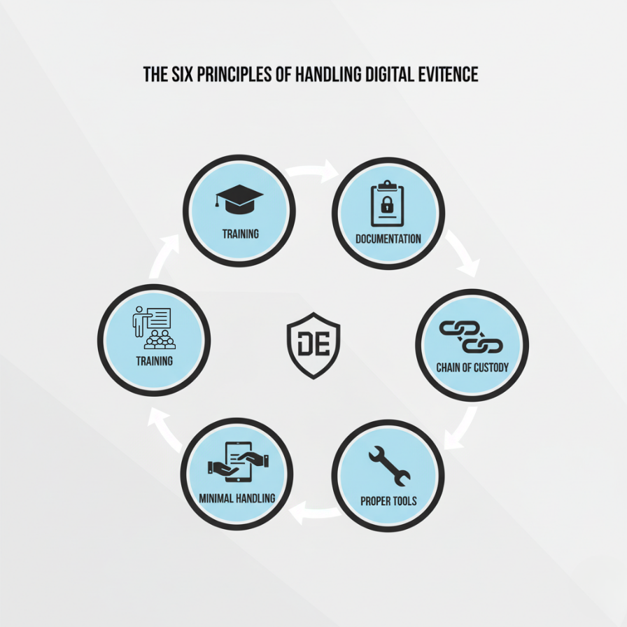 Infographic with the six principles of handling digital evidence, all arround the word of digital evidence with icons for training, documentation, chain of custody, proper tools, minimal handling