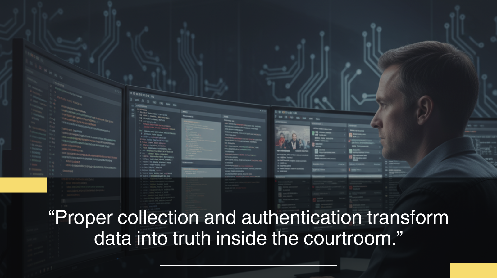 Quote about how proper collecting and authentication transform data into truth inside the court, with an analyst looking into files on different computers on a technologic room