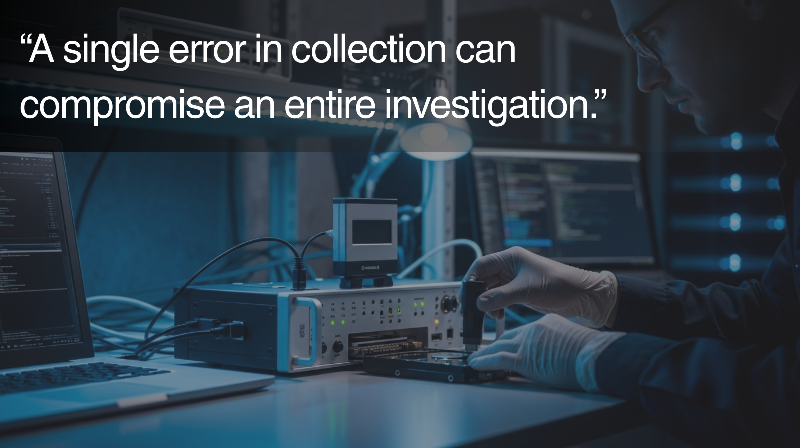 Banner with a quote for how a single error can compromise an investigation, with an investigator reviewing a hard drive device