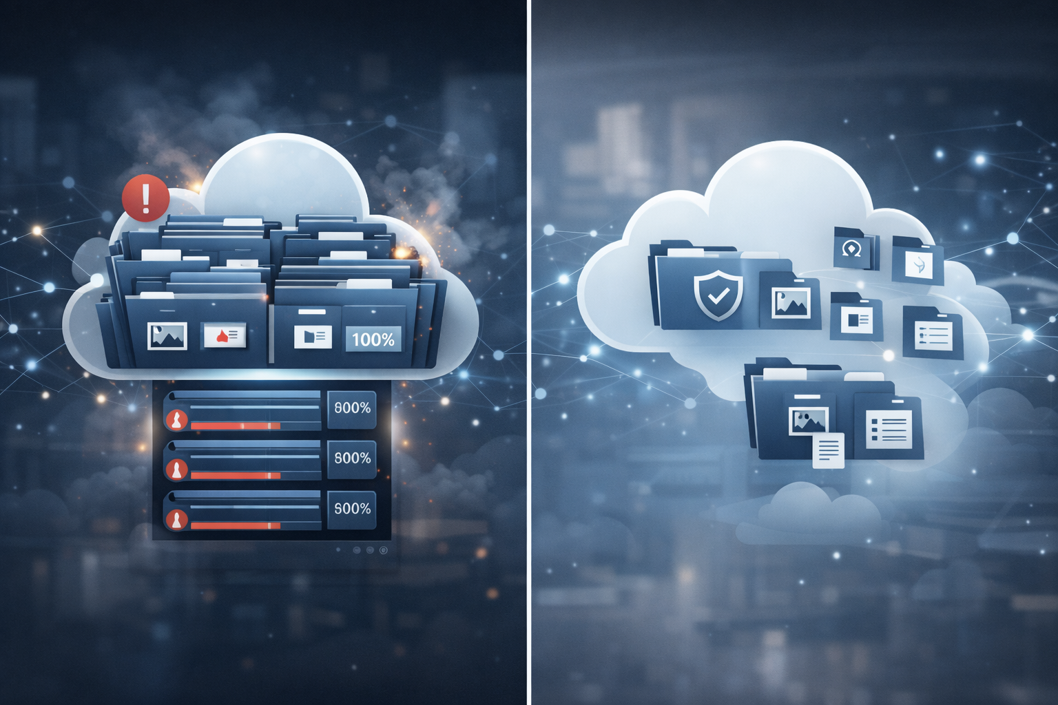 Two cloud representations next to each other, one being completely full on storage and the other organized