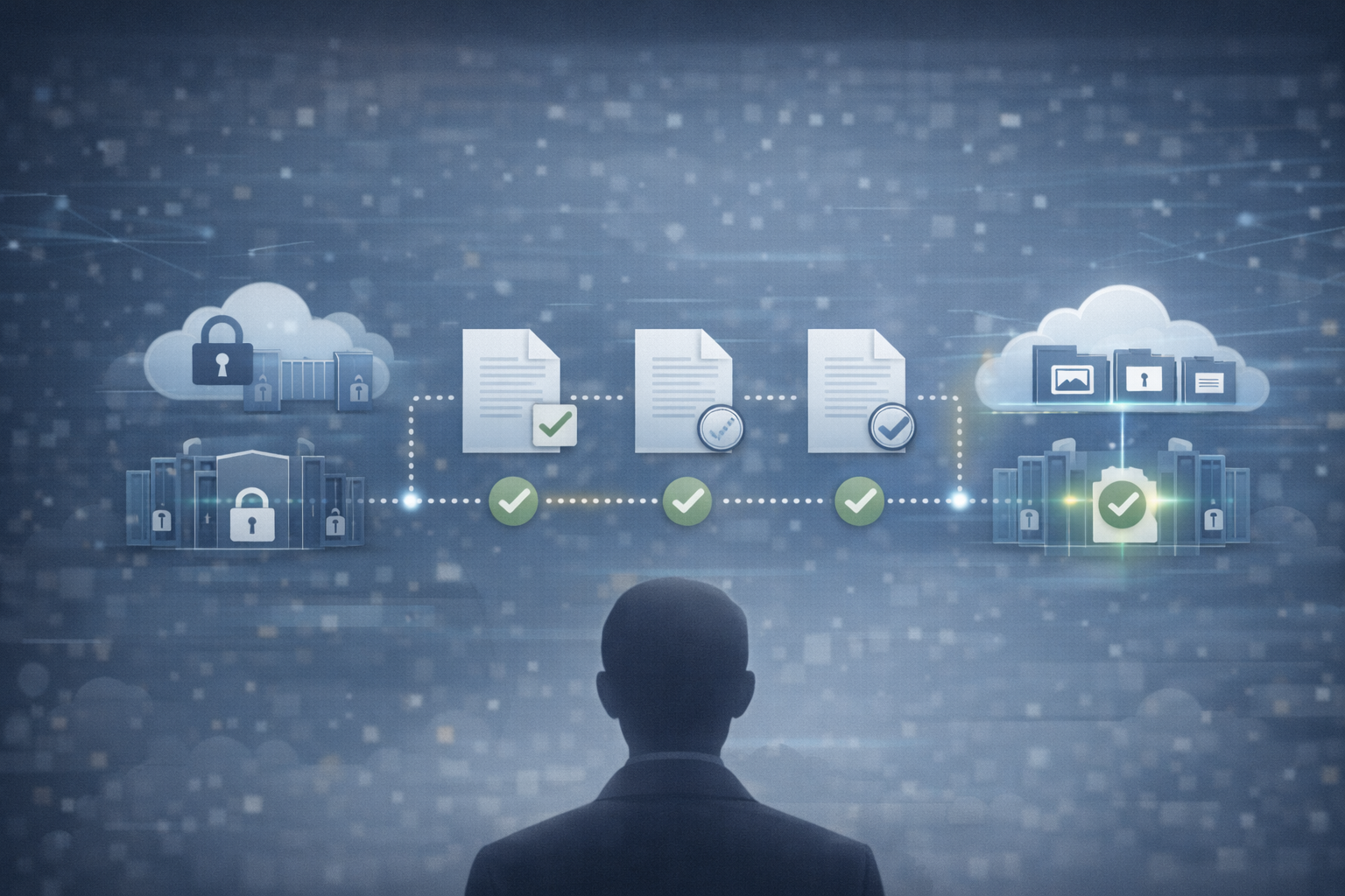 A person looking into a structure referencing the steps for correct legal procedures for cloud data