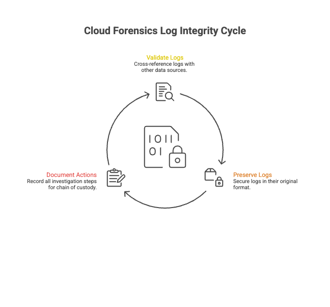 Three steps diagram with information about Cloud Forensics Log Integrity Cycle