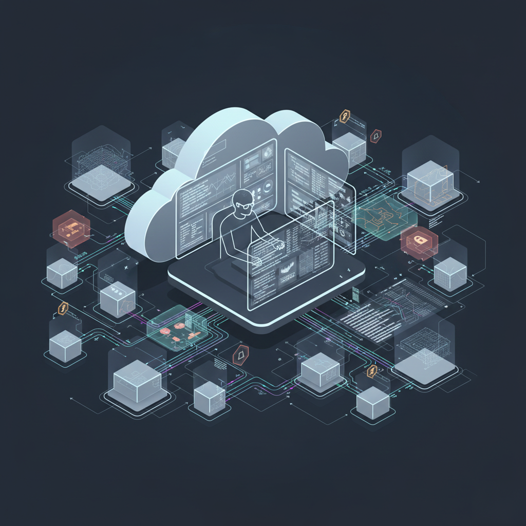 Illustration of a worker doing some tech work on his computer