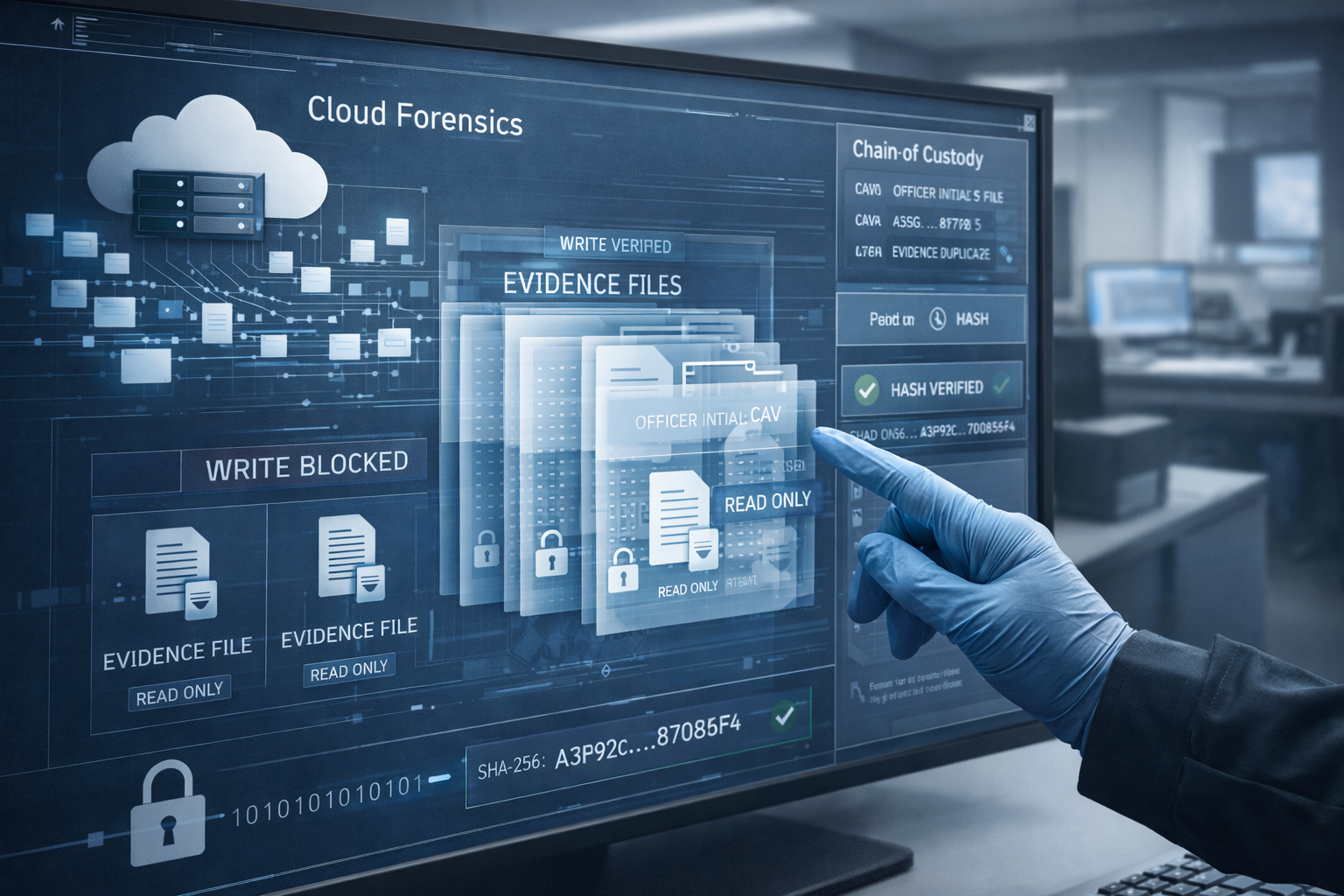 Hand pointing to a computer with some information of a case also focusing on the cloud service for data