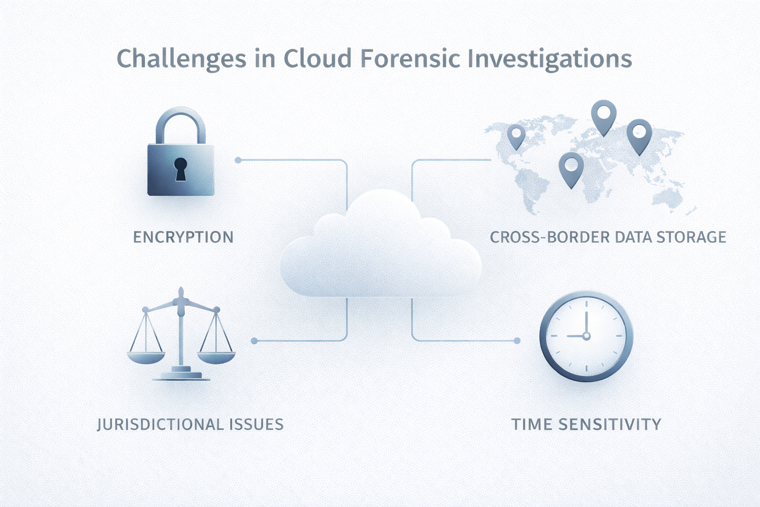 Diagram showing the different challenges in cloud forensic investigations, like encryption, cross-boarder ta storage, jurisdictional issues and time sensitivity