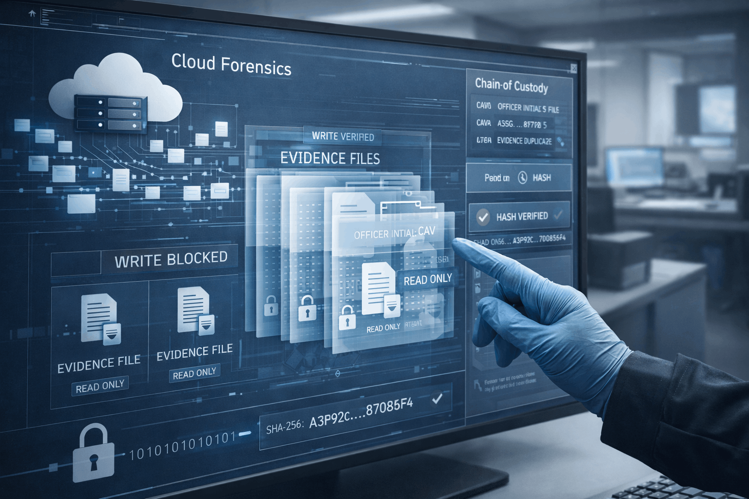 Hand pointing to a computer with some information of a case also focusing on the cloud service for data