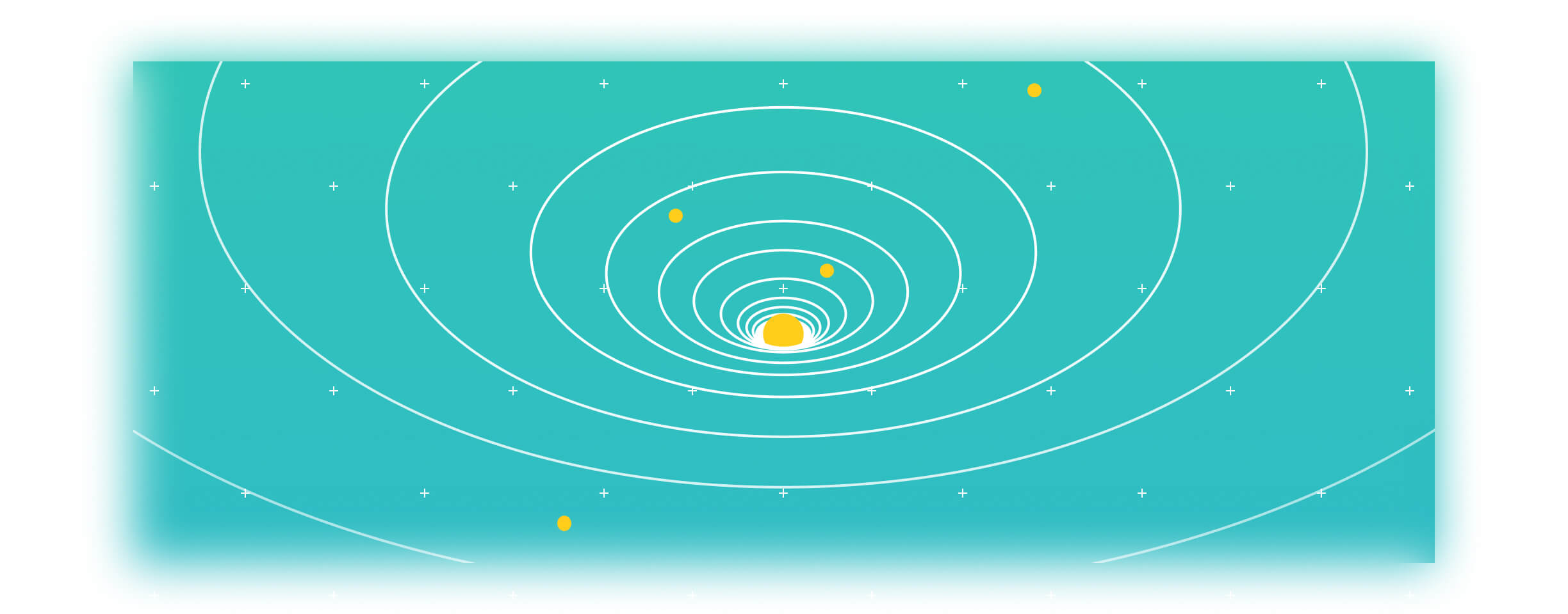 Begeisterung zieht an. Minimalistische Illustration von  Anziehung anhand eines Schwerkraftfeldes in einem Planetensystem