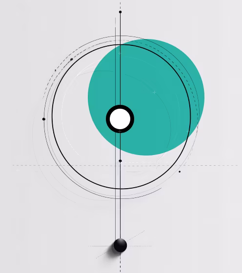 Schwarz-weiße Illustration eines abstrakten Koordinatensystems, in dem ein markanter Fixstern über einer kleinen schwarzen Kugel schwebt und sinnbildlich als Wegweiser dient