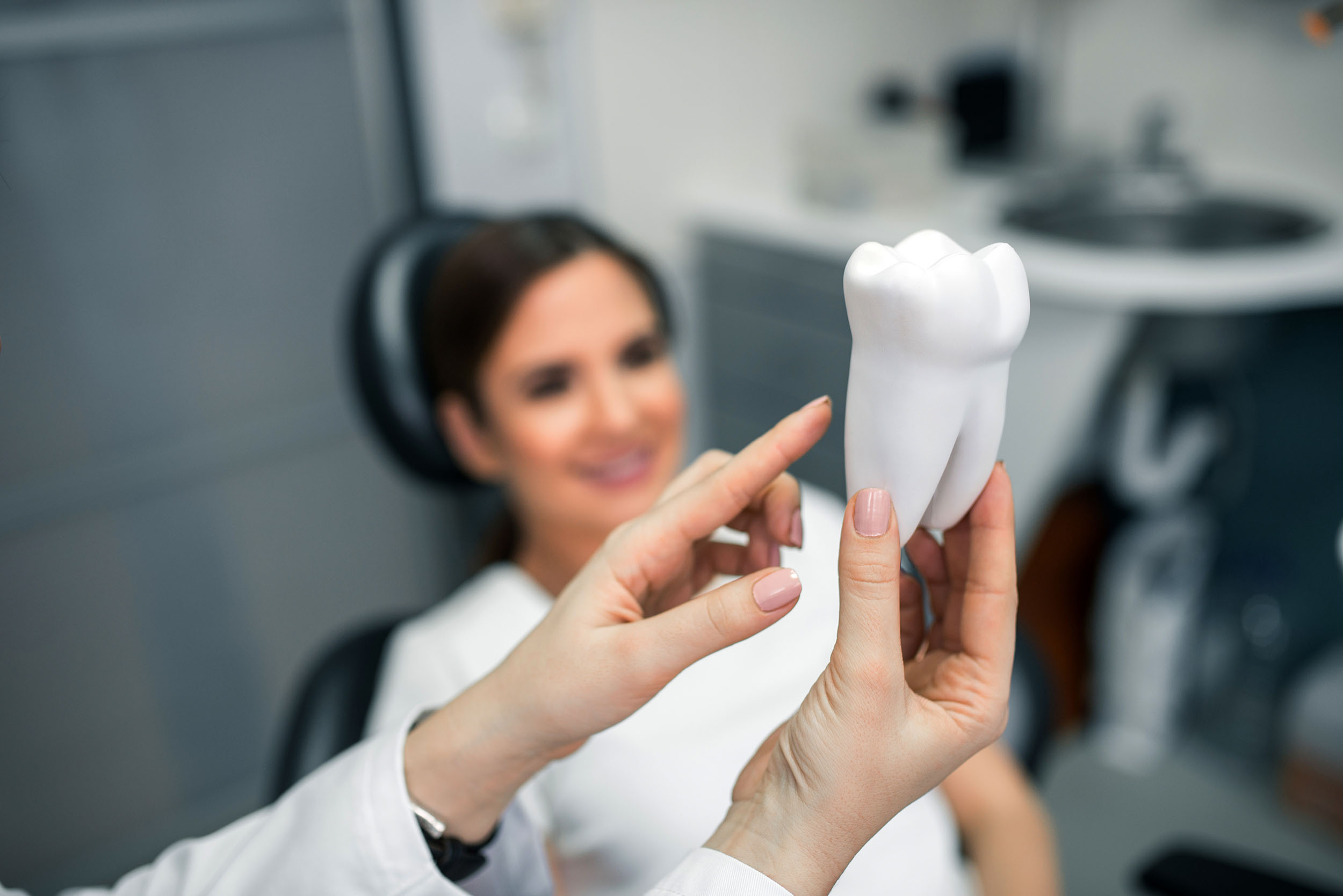 A dental professional explaining a tooth model to a smiling patient