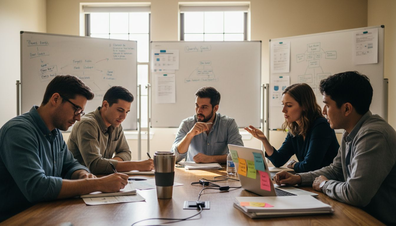 Team setting goals in casual meeting room