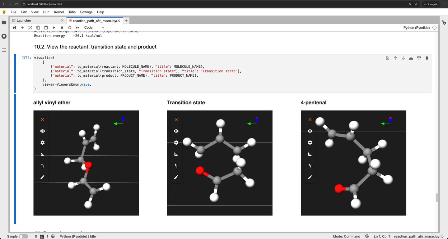 Notebook viewer showing the reactant allyl vinyl ether, the transition state, and the product 4-pentenal side by side
