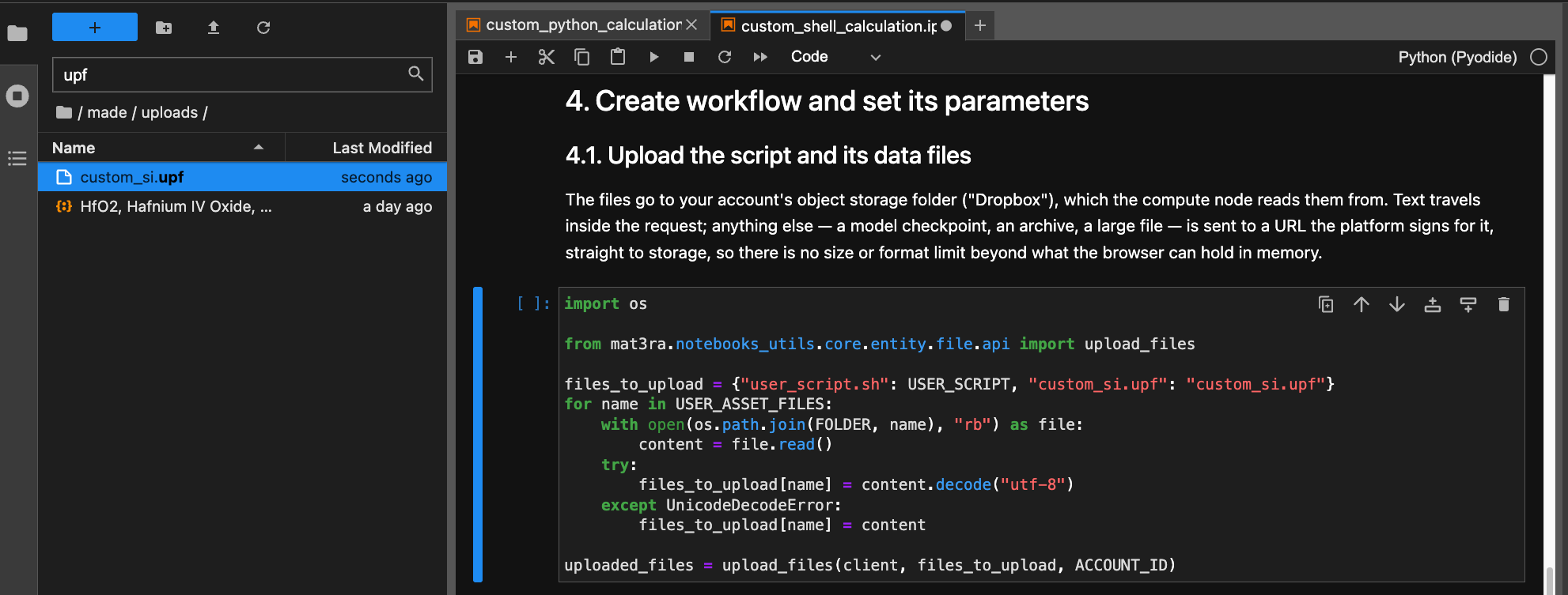 JupyterLite notebook uploading a custom script and pseudopotential file through the new files API