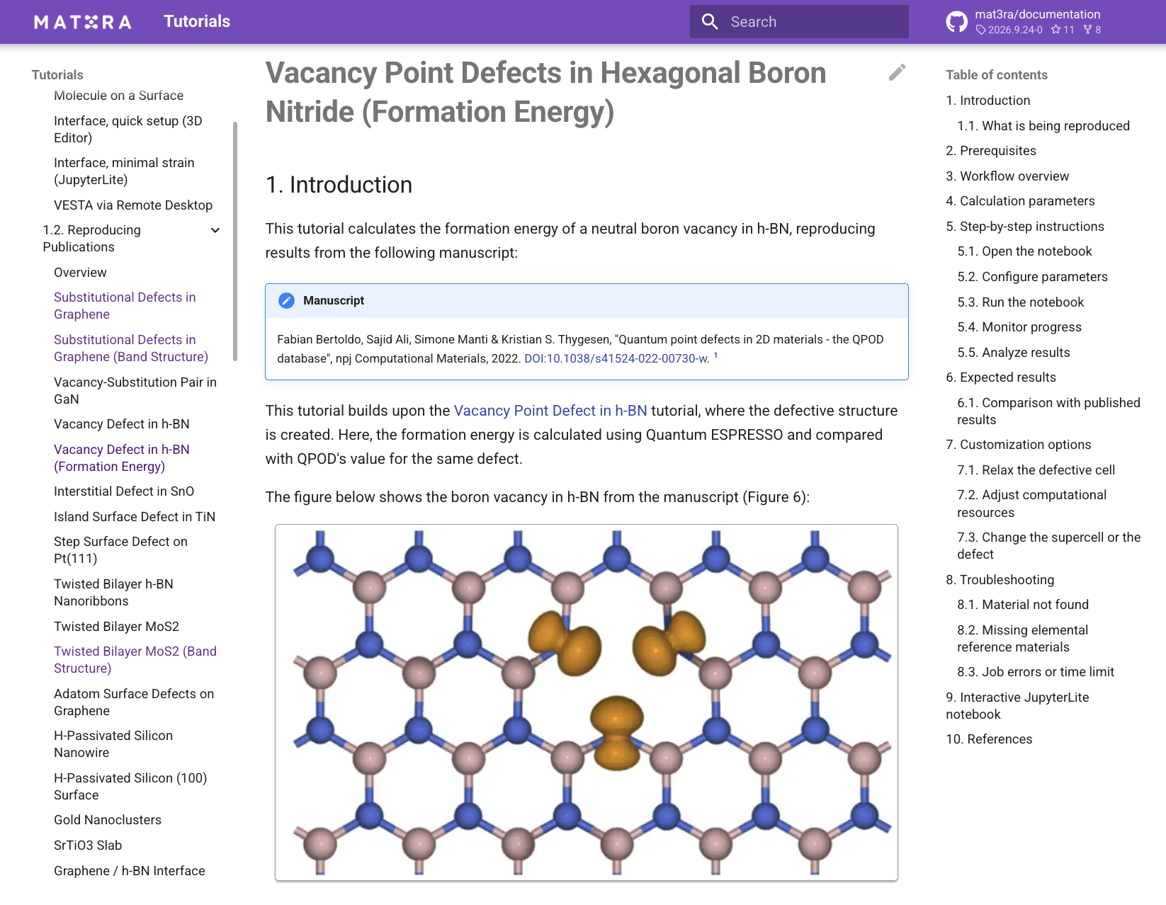 Documentation tutorial for vacancy point defects in hexagonal boron nitride, showing the reference manuscript and the boron vacancy structure