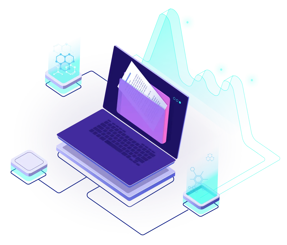 Laptop with data visualization chart, Press Kit section illustration