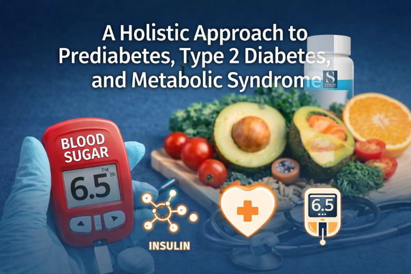 Digital illustration of a healthy lifestyle concept for managing prediabetes, type 2 diabetes, and metabolic syndrome. Includes elements like a blood glucose monitor, fresh vegetables, a fitness tracker, supplements, and an active person walking, all set a