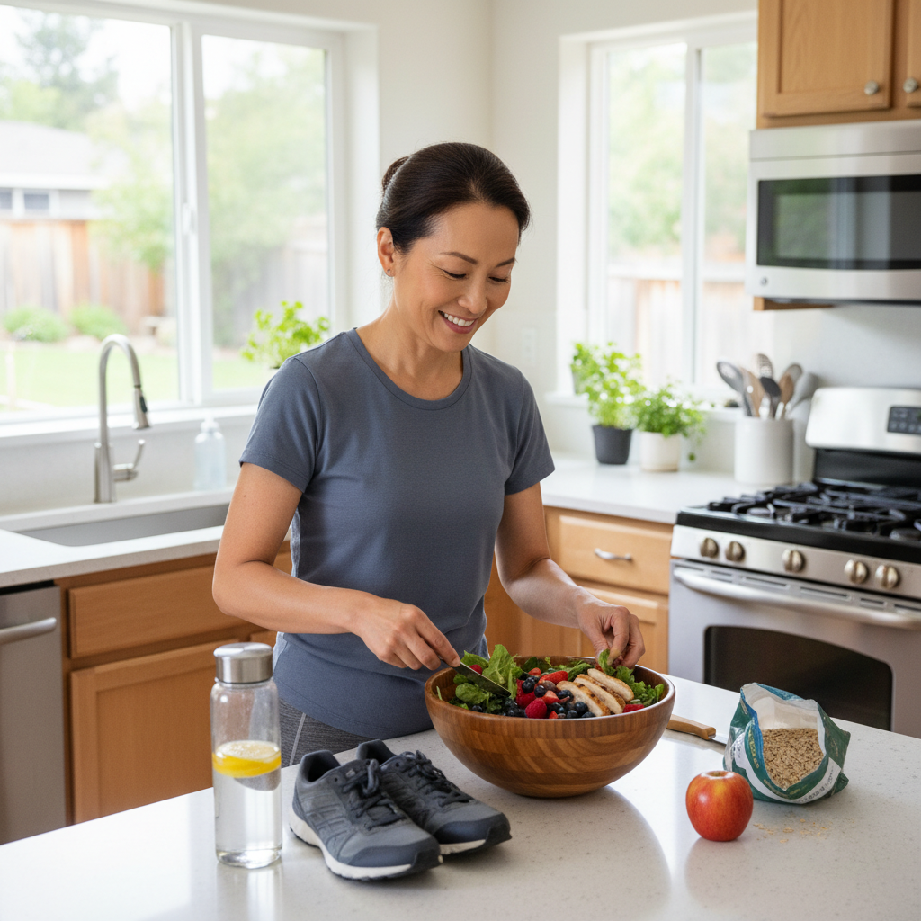 A diverse adult preparing a healthy meal with whole foods like leafy greens, berries, and lean protein, alongside a water bottle and walking shoes, representing science-backed, sustainable weight loss.