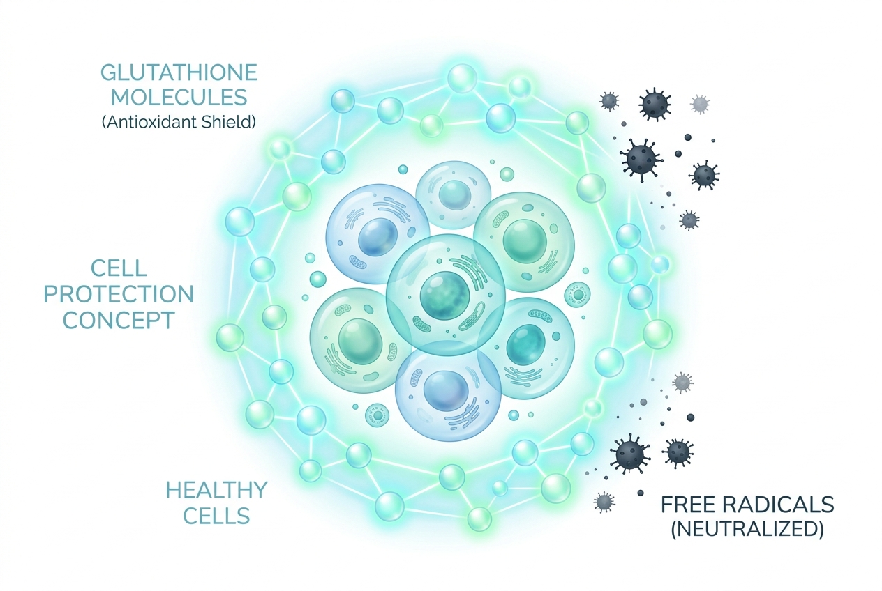 A clean medical illustration on a white background showing a glowing blue and green network of glutathione molecules forming an antioxidant shield around healthy cells, protecting them from dark free radicals. Text labels read: "Glutathione Molecules (Anti