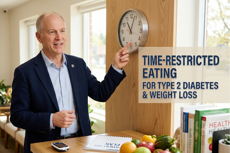 A man in a suit points to a clock while standing in front of a table with fruit and books. Text on the right reads: "TIME-RESTRICTED EATING FOR TYPE 2 DIABETES & WEIGHT LOSS."
