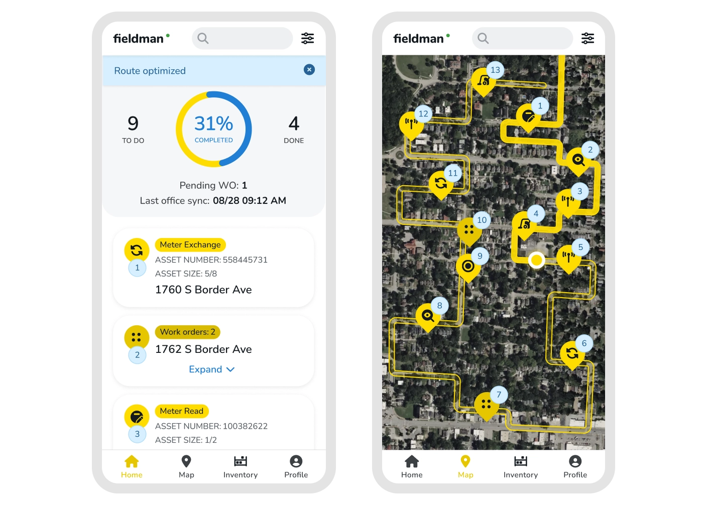 Fieldman mobile app showing an optimized meter route and work order list