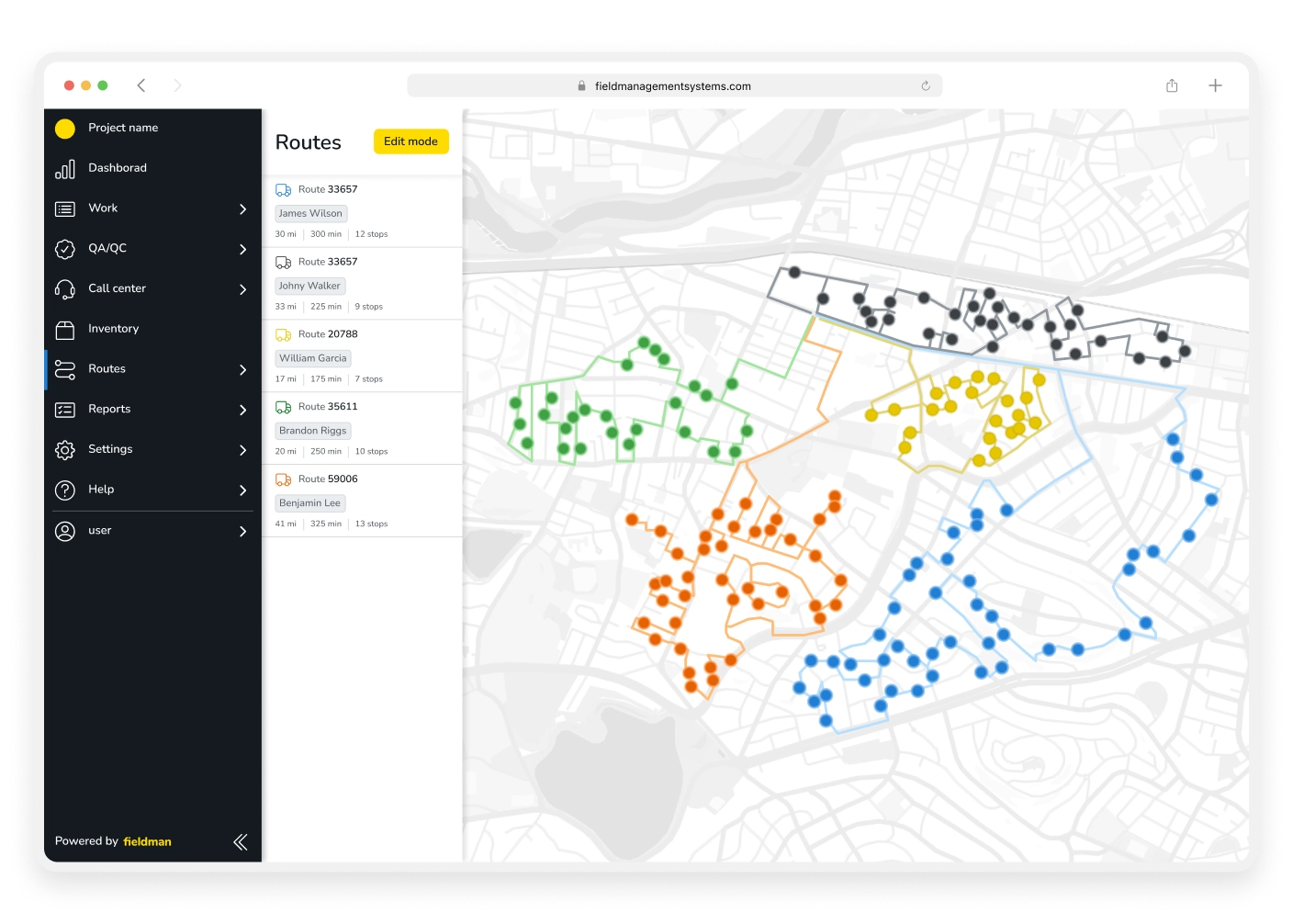 Fieldman Routes dashboard with color-coded technician routes on a map