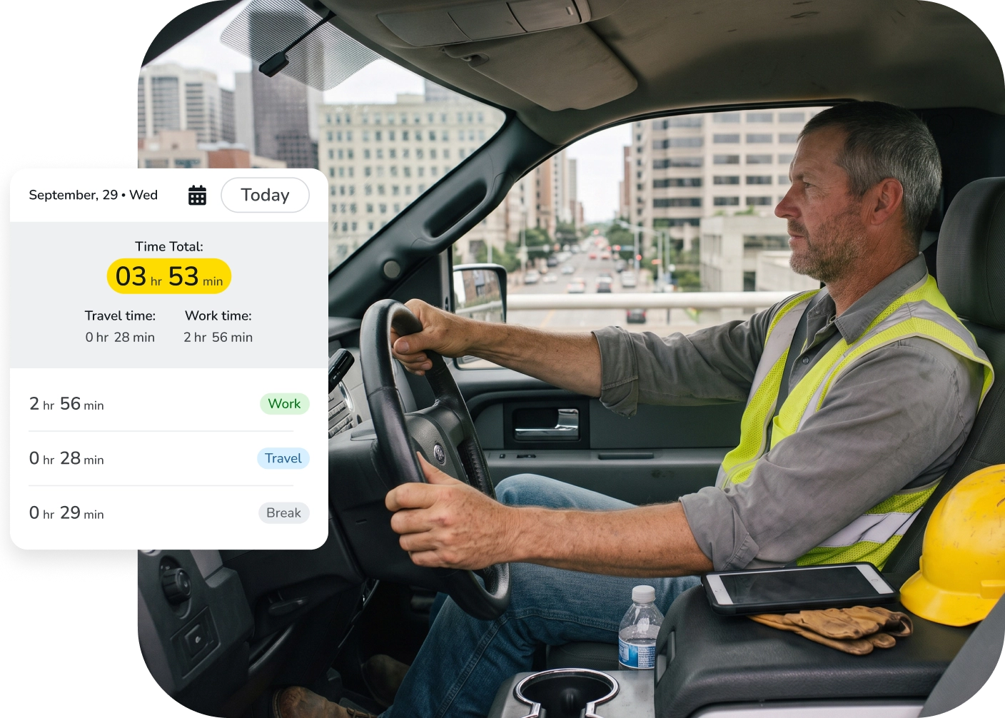 Utility technician driving between meter sites with travel time tracked in Fieldman