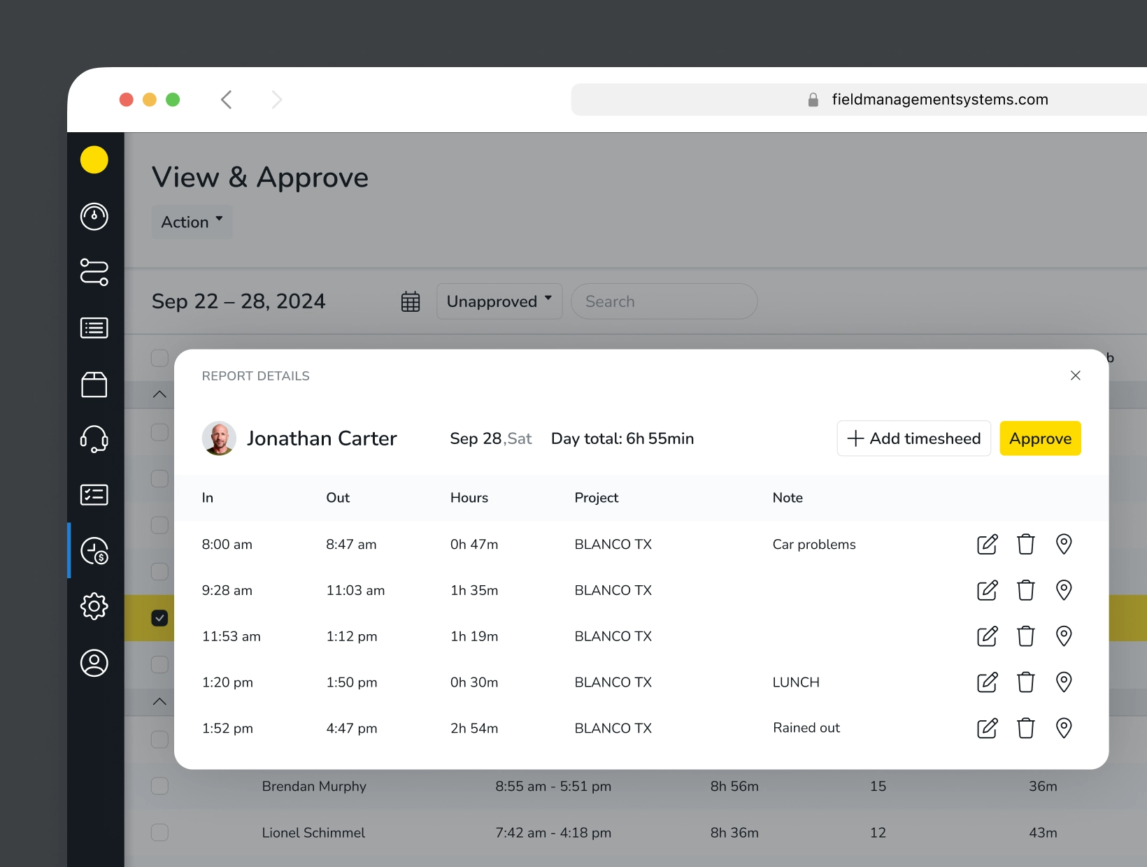 Fieldman timesheet review screen with technician hours and travel time