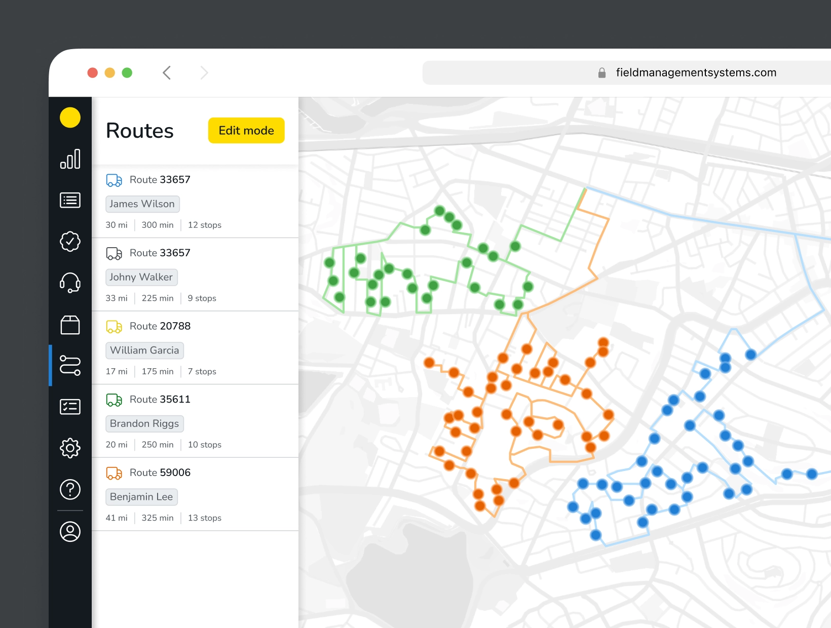 Fieldman Routes dashboard with color-coded technician routes on a map