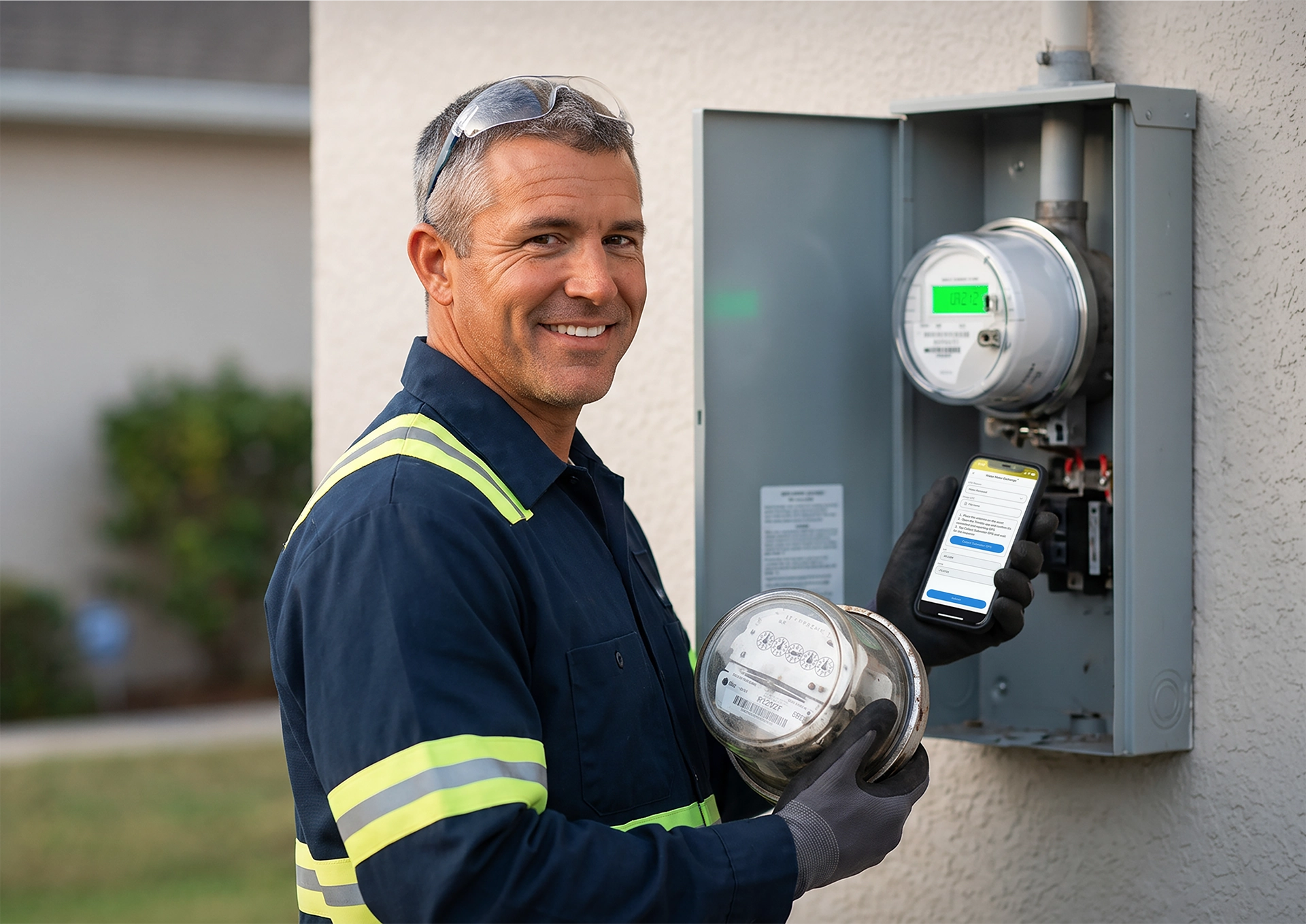 Utility technician installing a smart meter