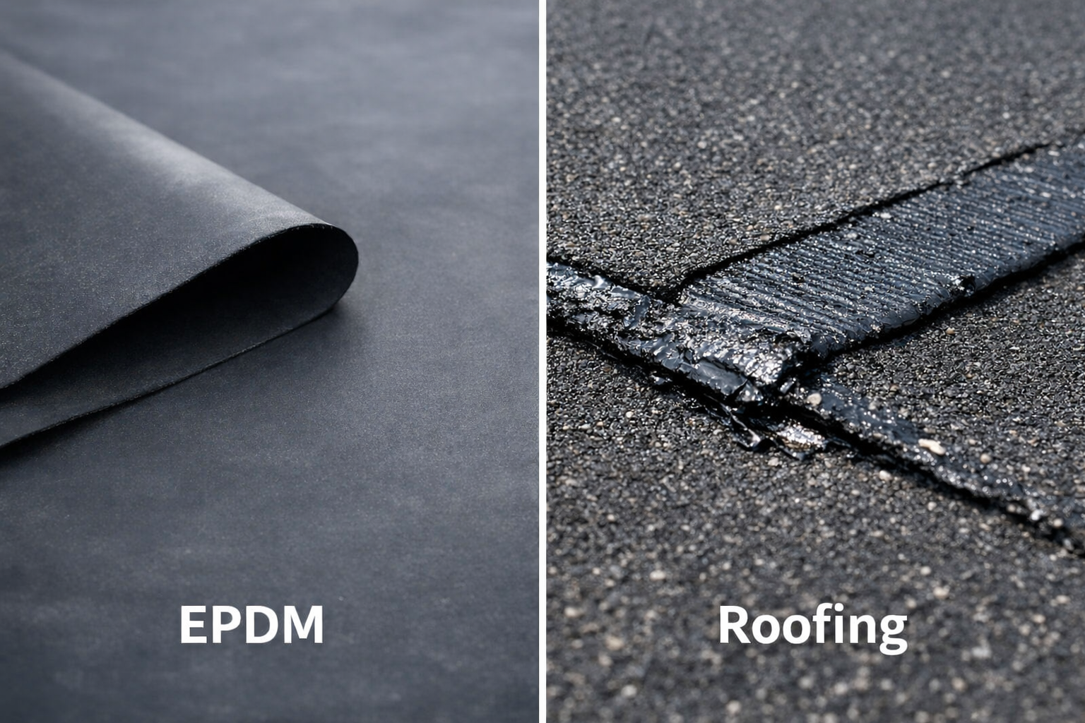 Side-by-side images showing EPDM roofing membrane on the left and a close-up of traditional asphalt roofing with tar on the right.