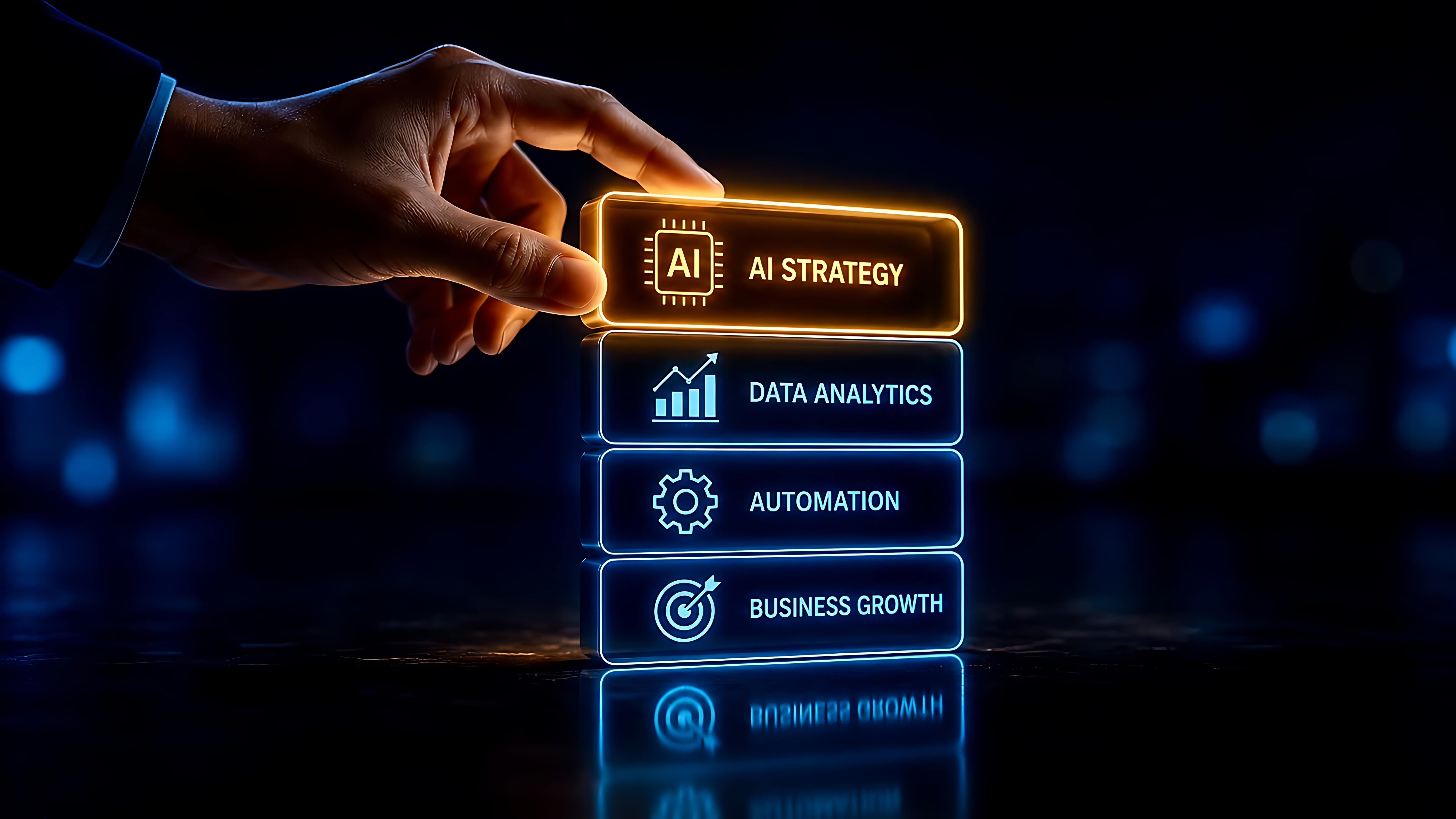 Eine Person hält ein Tablet und interagiert mit einer leuchtenden, virtuellen Grafik eines Mikrochips mit der Aufschrift „AI“, die von elektronischen Leiterbahnen und abstrakten Datenbalken umgeben ist.