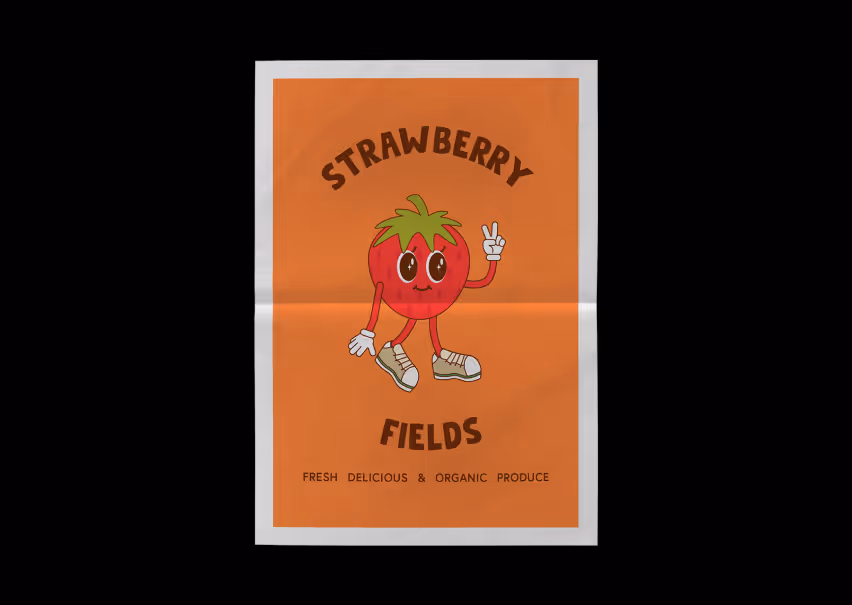 A poster design of a strawberry character holding a peace sign with the text 'Strawberry Fields' and "Fresh Delicious & Organic Produce" on it.