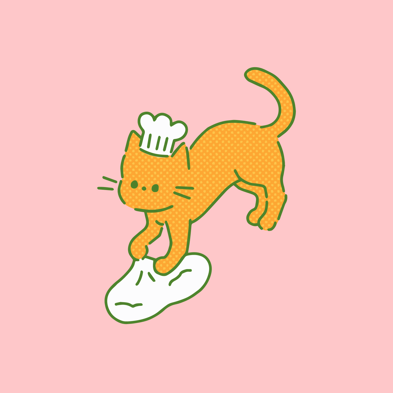 A cute cat illustration wearing a chef's hat who is kneading dough.