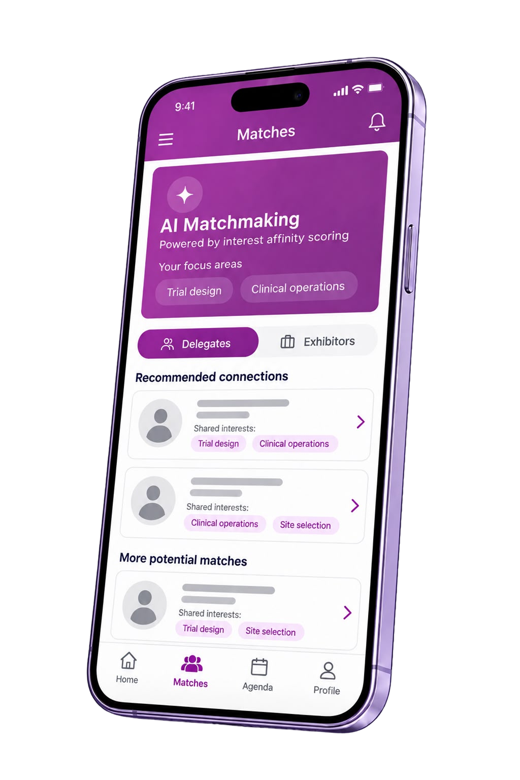 PEG Summits app showing AI matchmaking and recommended connections