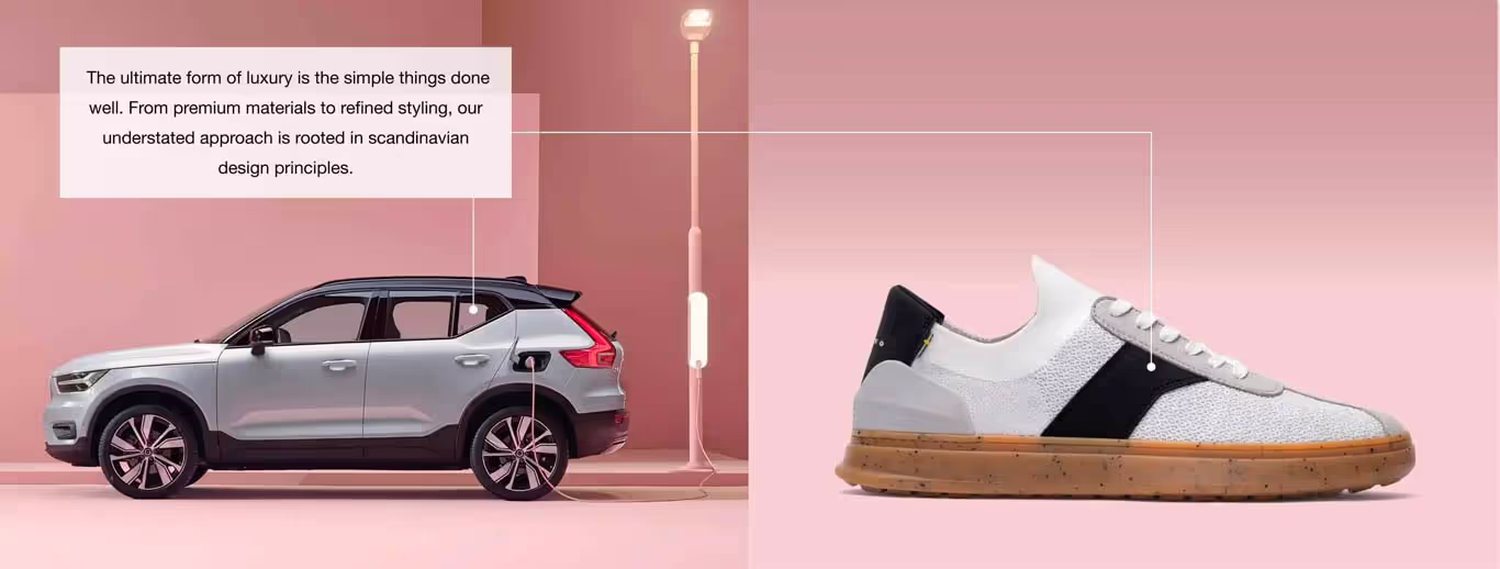 A Volvo electric SUV and a Casca sneaker are displayed side by side against a soft pink gradient background, highlighting Scandinavian-inspired design and premium materials