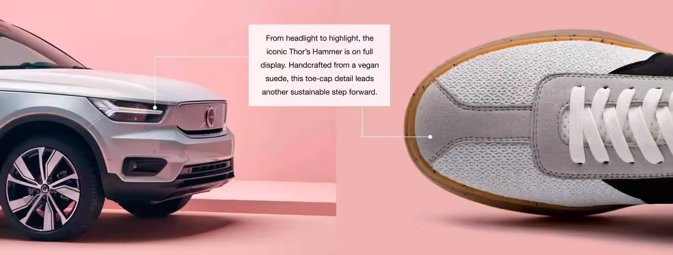 A Volvo XC40 Recharge headlight and a Casca sneaker toe cap displayed side by side against a pink background, emphasizing sustainable design and Scandinavian aesthetics.