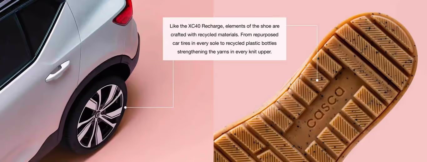 A Volvo XC40 Recharge wheel and a Casca sneaker sole displayed side by side against a pink background, emphasizing the use of recycled materials like repurposed car tires and plastic bottles.