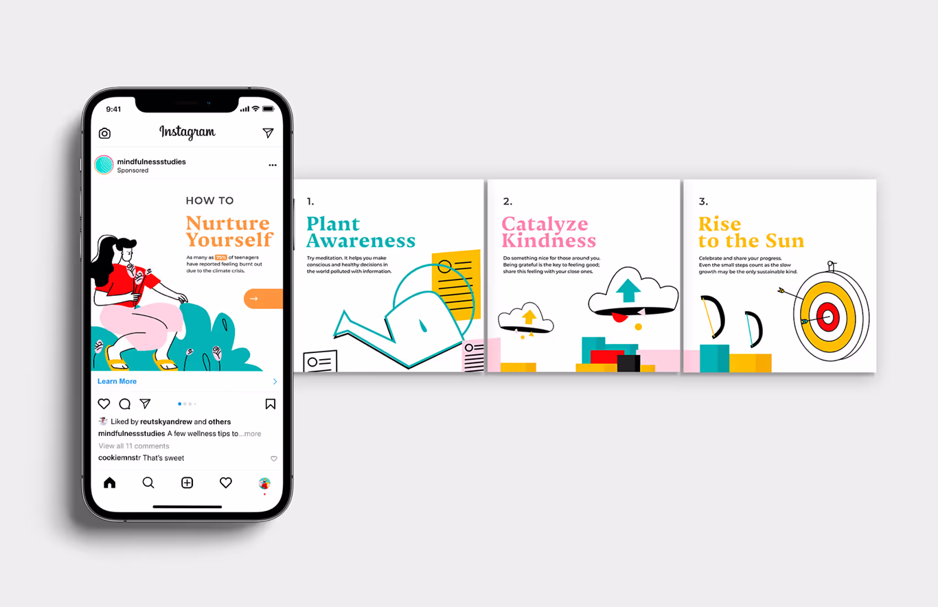 Instagram carousel ad for the Breathe to Grow campaign, promoting mindfulness through illustrated steps: Plant Awareness, Catalyze Kindness, and Rise to the Sun.
