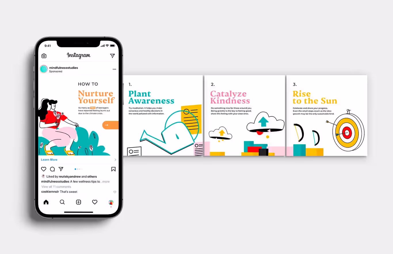 Instagram carousel ad for the Breathe to Grow campaign, promoting mindfulness through illustrated steps: Plant Awareness, Catalyze Kindness, and Rise to the Sun.