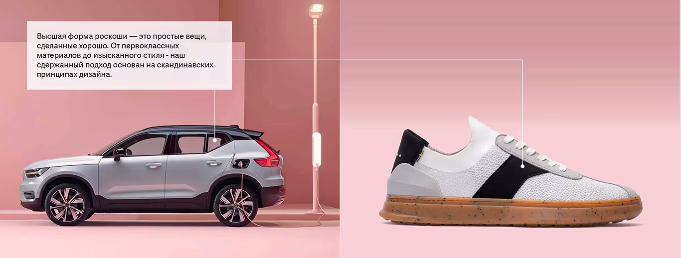  Электромобиль Volvo XC40 Recharge и кроссовки Casca на фоне розовой стены, подчеркивающие скандинавский минимализм и премиальные материалы.