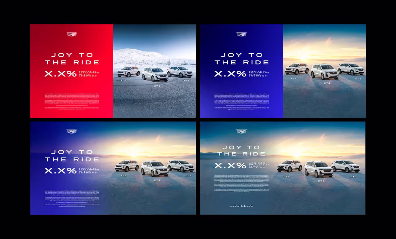 Cadillac Joy to the Ride retail digital banners — red and blue color scheme with financing rate placeholders, Canada market