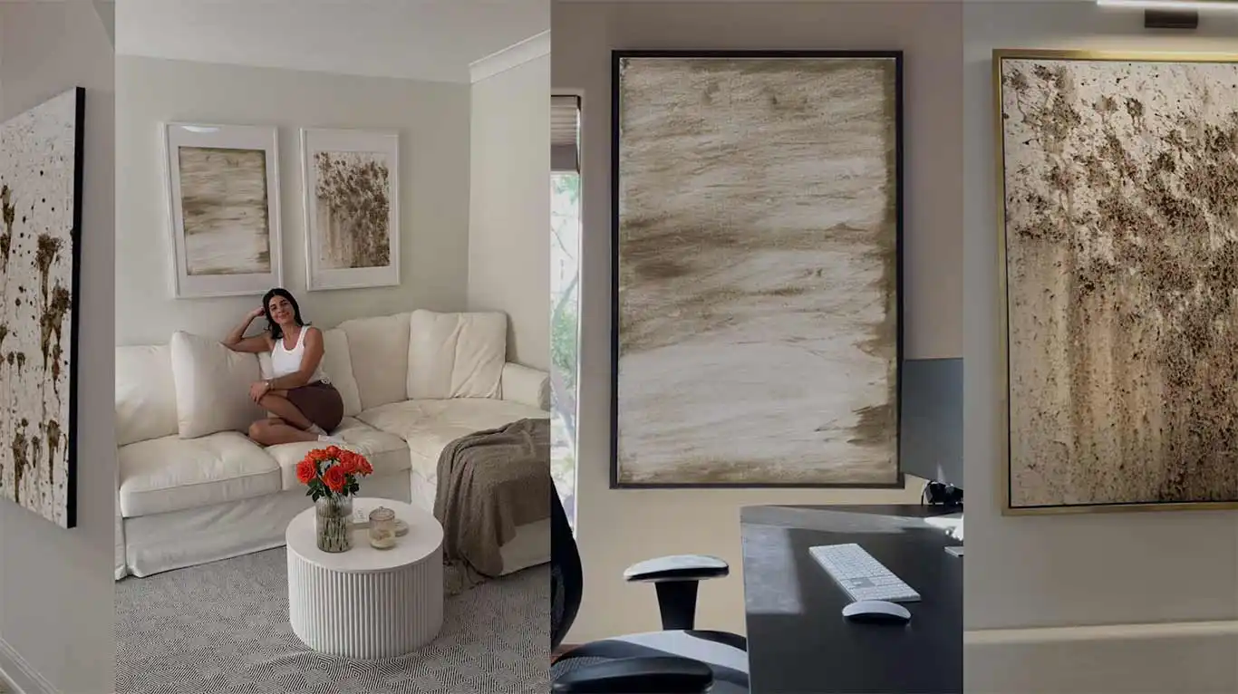 <The collage shows several interior scenes with large earth-toned artworks created by GMC as part of the Mudern Art campaign: a living room with a sofa and coffee table, and a workspace with a wall piece and desk.>