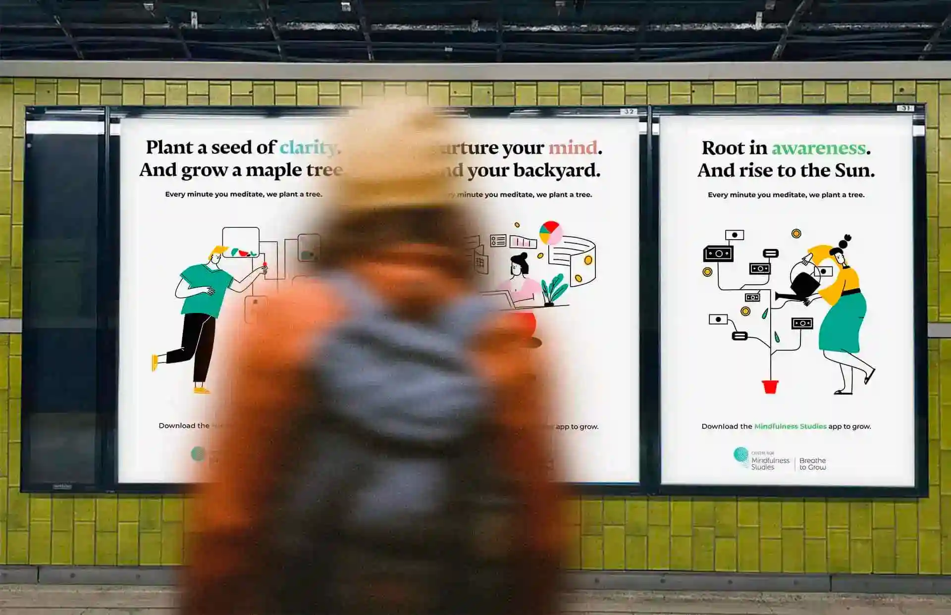 <Blurred pedestrian walking past illustrated mindfulness campaign posters in a transit shelter, promoting meditation and tree planting.>