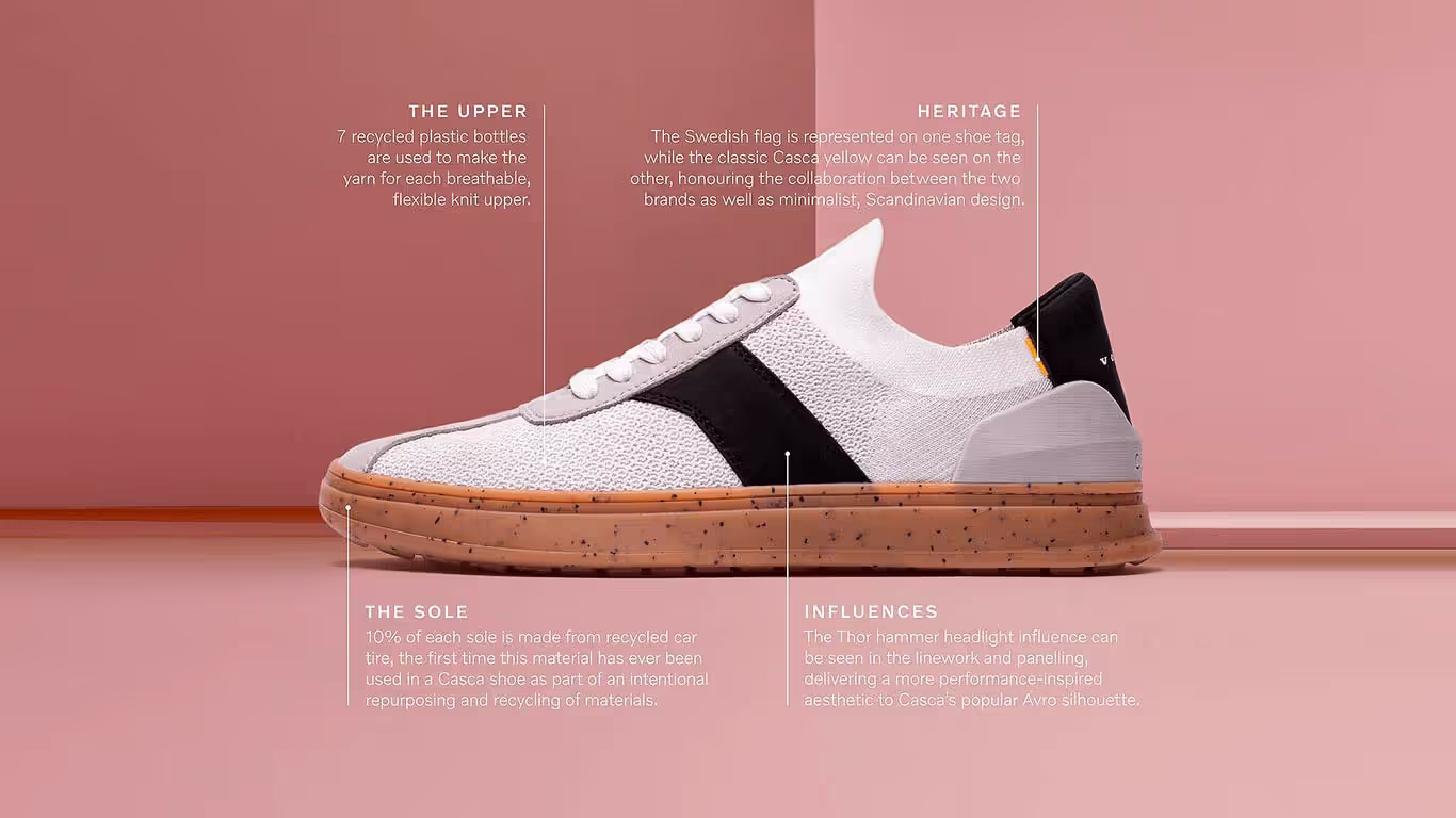 Casca Avro sneaker product detail flat lay — recycled knit upper, cork sole, Swedish flag shoe tag, Thor's Hammer influence, Volvo collaboration.