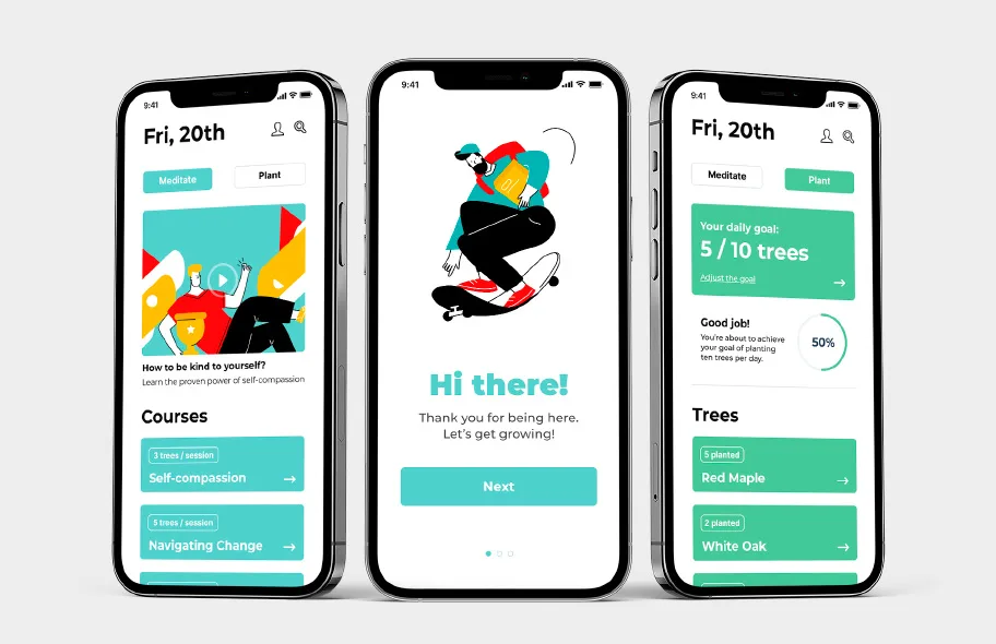 Mobile app interface showcasing mindfulness courses and tree-planting progress as part of the Breathe to Grow initiative.