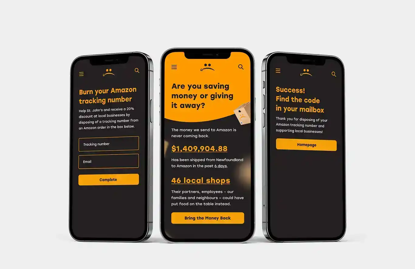 Three smartphones display the 'Buy or Bye St. John's' campaign website, encouraging users to discard Amazon tracking numbers in exchange for local business discounts.