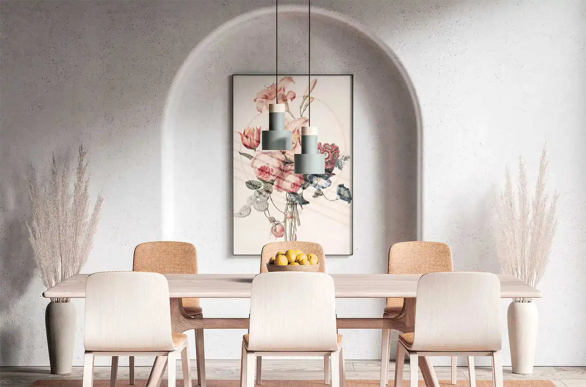 <Modern dining room with a floral painting and pendant lights in a concrete arch setting.>